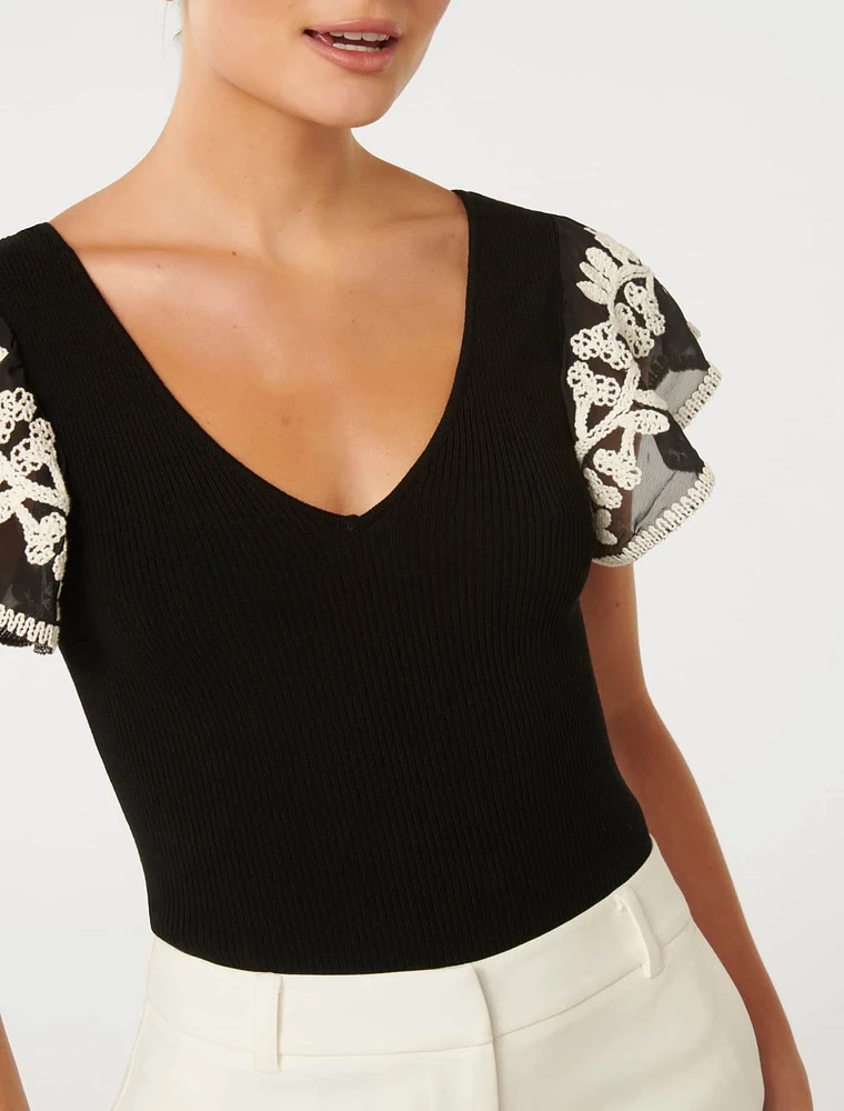 Elodie Frill-Sleeve Knit Top