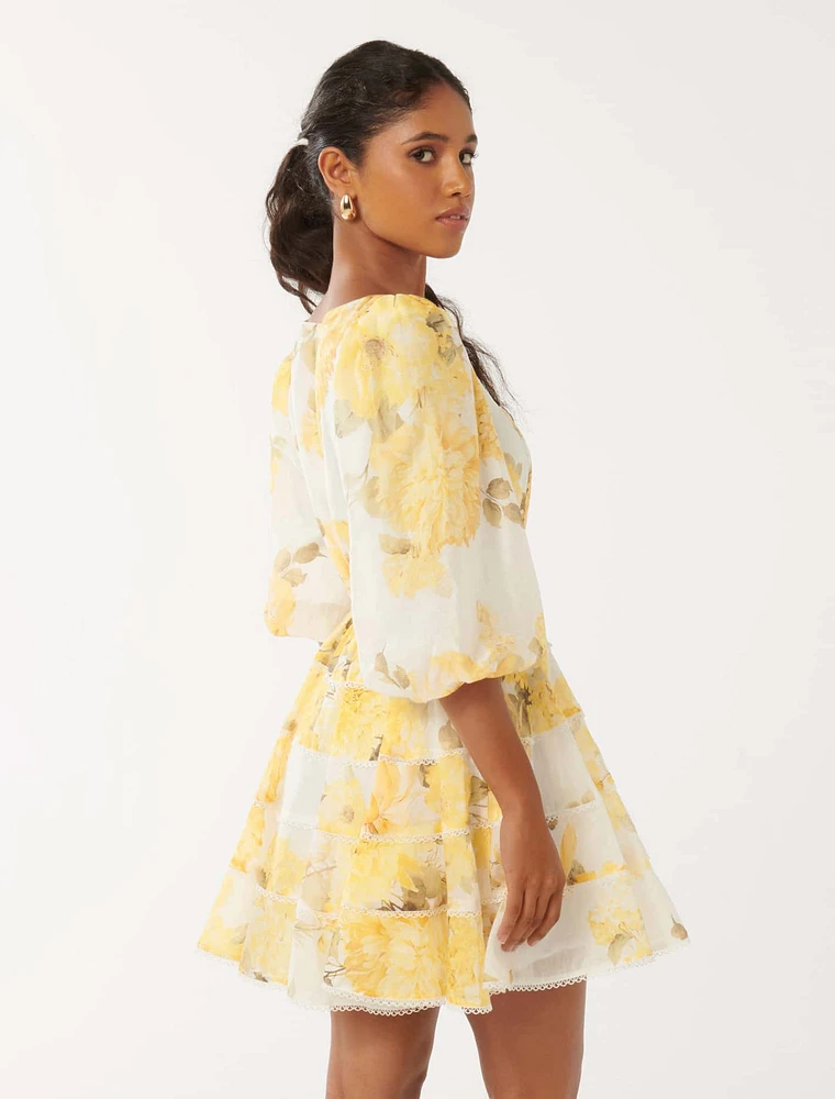 Esmie Petite Tiered Floral Skater Dress Yellow Print - 0 to 12 Women's Evening Dresses