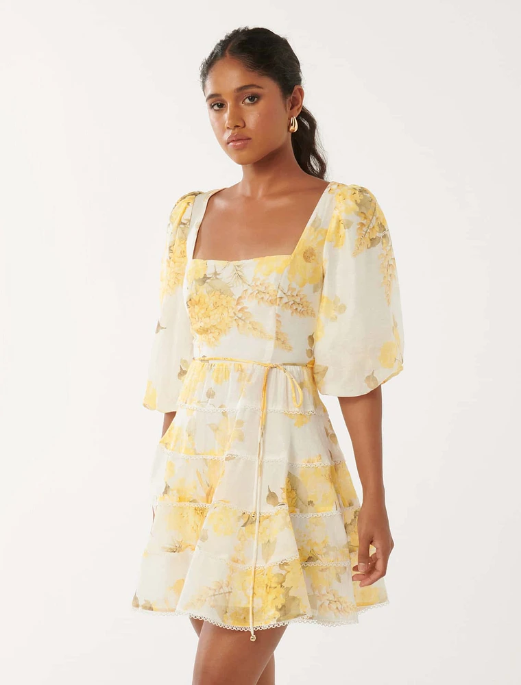 Esmie Petite Tiered Floral Skater Dress Yellow Print - 0 to 12 Women's Evening Dresses