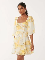 Esmie Petite Tiered Floral Skater Dress Yellow Print - 0 to 12 Women's Evening Dresses