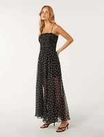 Brandy Ruched-Bodice Maxi Dress Black/White Spot - 0 to 12 Women's Event Dresses