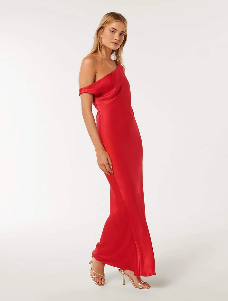 Blake Satin Off-Shoulder Maxi Dress Red - 0 to 12 Women's Event Dresses