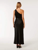 Emily One-Shoulder Satin Maxi Dress Black - 0 to 12 Women's Occasion Dresses