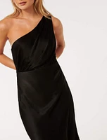 Emily One-Shoulder Satin Maxi Dress Black - 0 to 12 Women's Occasion Dresses