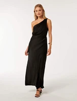 Emily One-Shoulder Satin Maxi Dress Black - 0 to 12 Women's Occasion Dresses