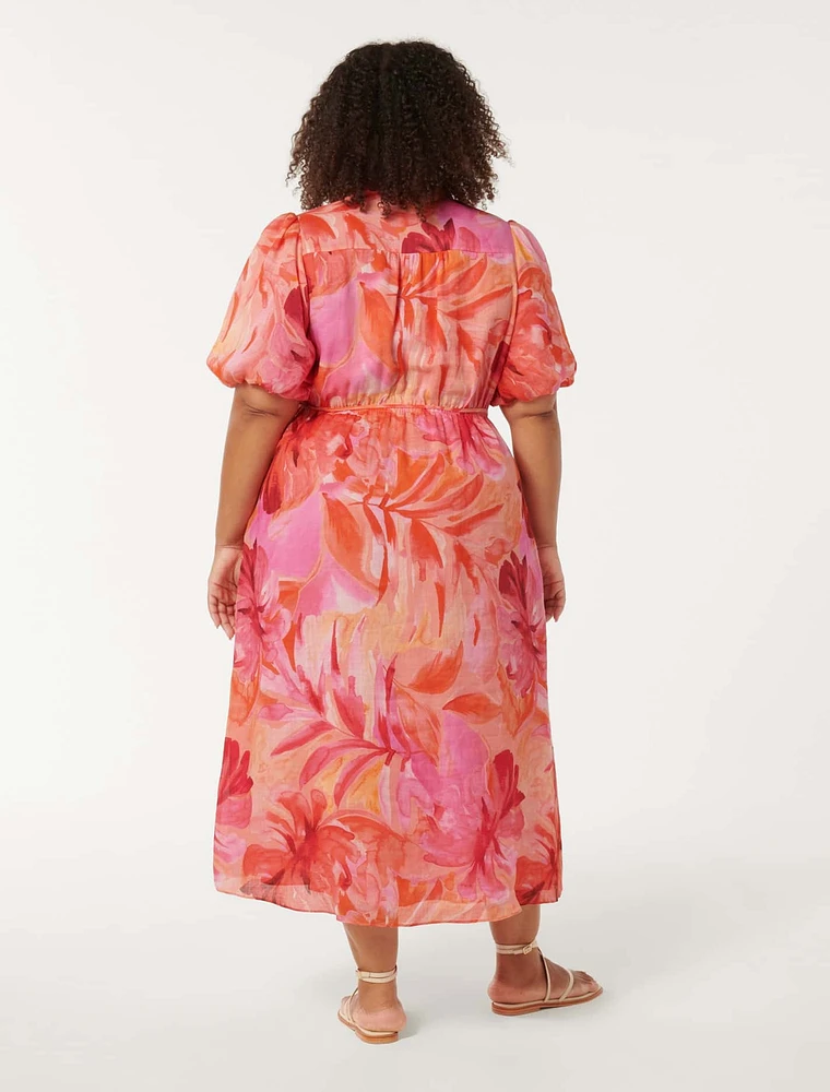 Loren Curve Puff-Sleeve Midi Dress Bright Pink Tropical Print - 12 to 20 Women's Plus Dresses