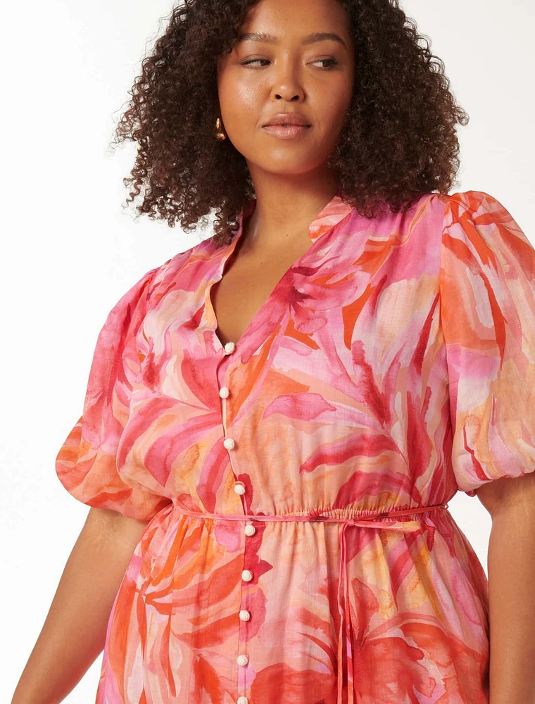 Loren Curve Puff-Sleeve Midi Dress Bright Pink Tropical Print - 12 to 20 Women's Plus Dresses