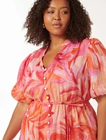 Loren Curve Puff-Sleeve Midi Dress Bright Pink Tropical Print - 12 to 20 Women's Plus Dresses