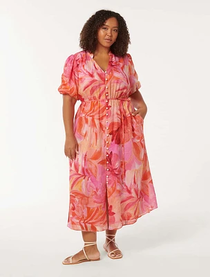 Loren Curve Puff-Sleeve Midi Dress Bright Pink Tropical Print - 12 to 20 Women's Plus Dresses