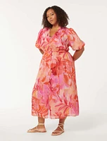 Loren Curve Puff-Sleeve Midi Dress Bright Pink Tropical Print - 12 to 20 Women's Plus Dresses