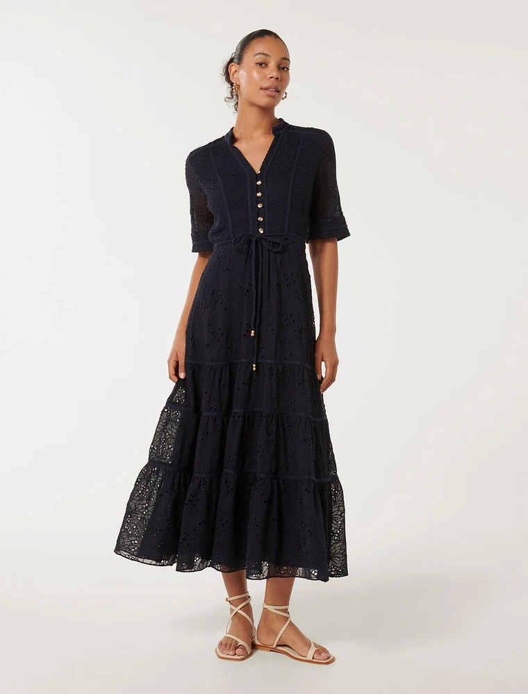 Rachel Embroidered Short-Sleeve Midi Dress