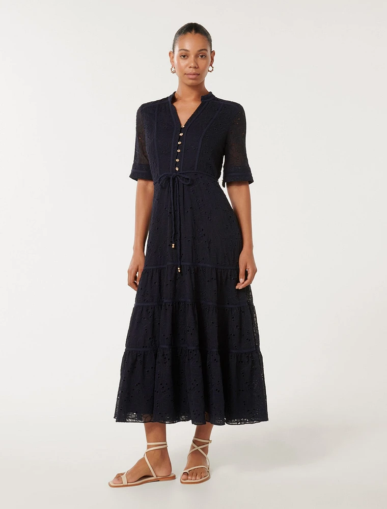 Rachel Embroidered Short-Sleeve Midi Dress