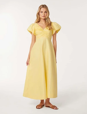 June Ruched Linen Midi Dress