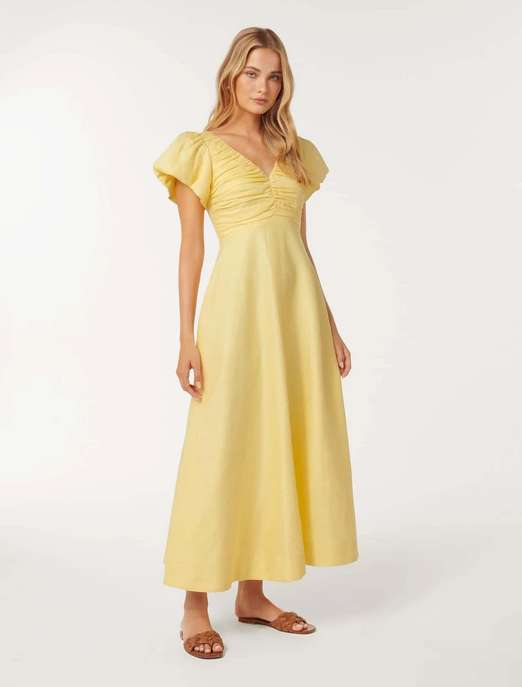 June Ruched Linen Midi Dress