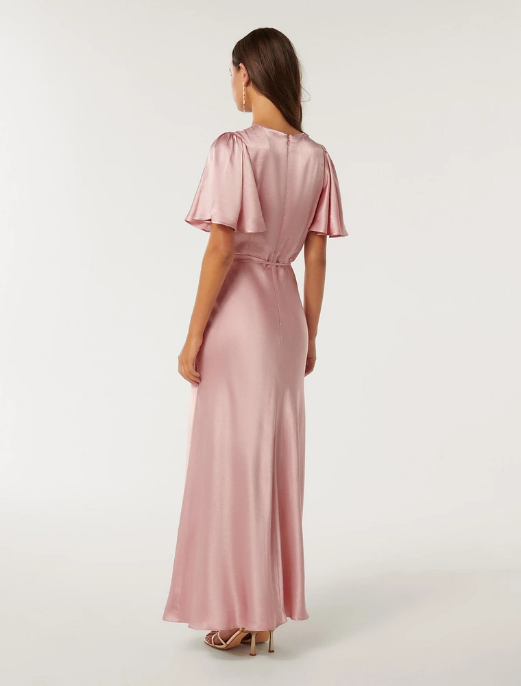 Chelsea Flutter-Sleeve Satin Maxi Dress Light Pink - 0 to 12 Women's Event Dresses