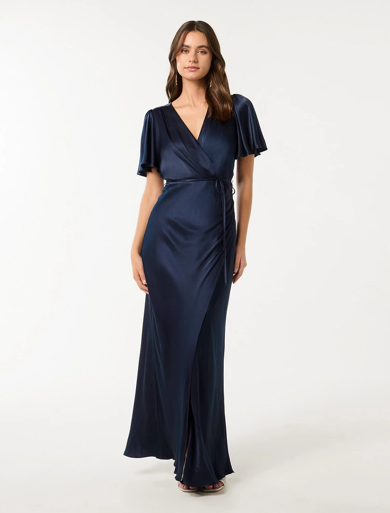 Chelsea Flutter Sleeve Satin Maxi