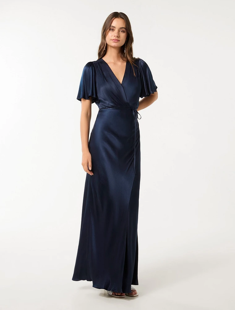 Chelsea Flutter Sleeve Satin Maxi