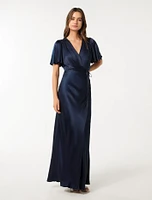Chelsea Flutter Sleeve Satin Maxi