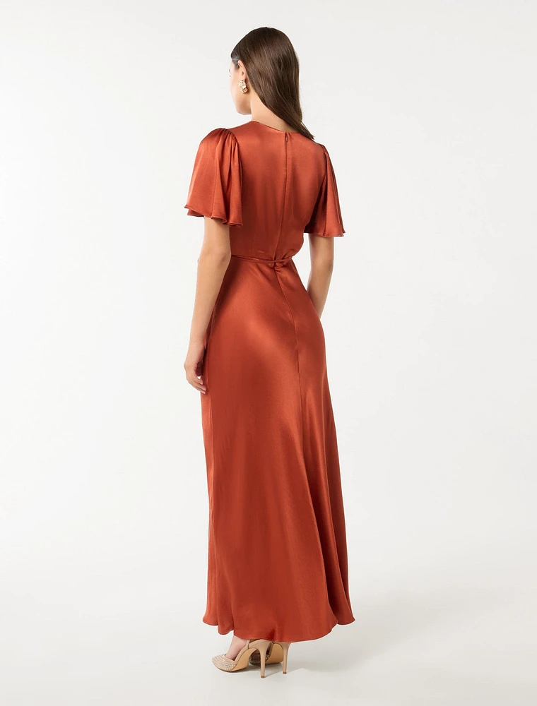 Chelsea Flutter-Sleeve Satin Maxi Dress