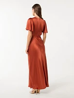 Chelsea Flutter-Sleeve Satin Maxi Dress