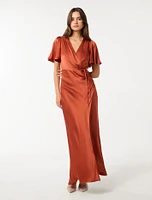 Chelsea Flutter-Sleeve Satin Maxi Dress