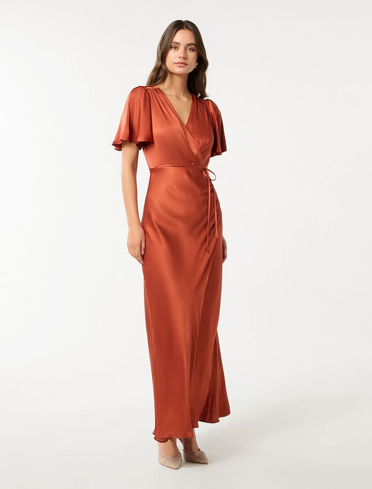 Chelsea Flutter-Sleeve Satin Maxi Dress