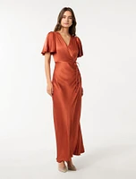 Chelsea Flutter-Sleeve Satin Maxi Dress