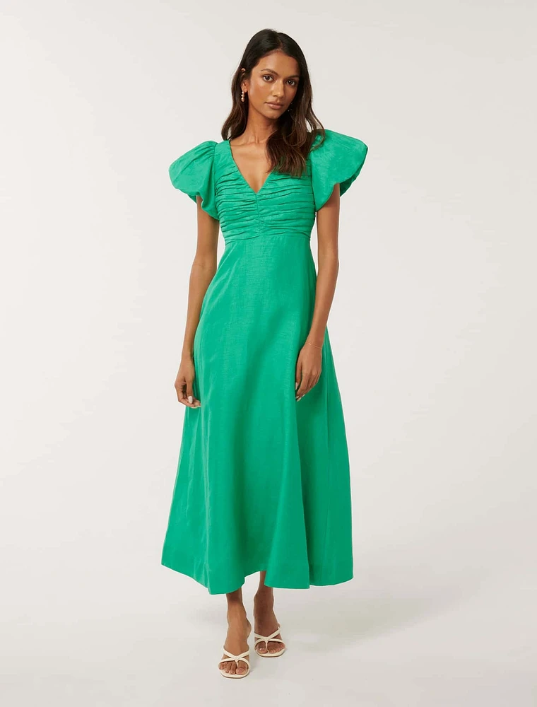 June Petite Ruched Linen Midi Dress