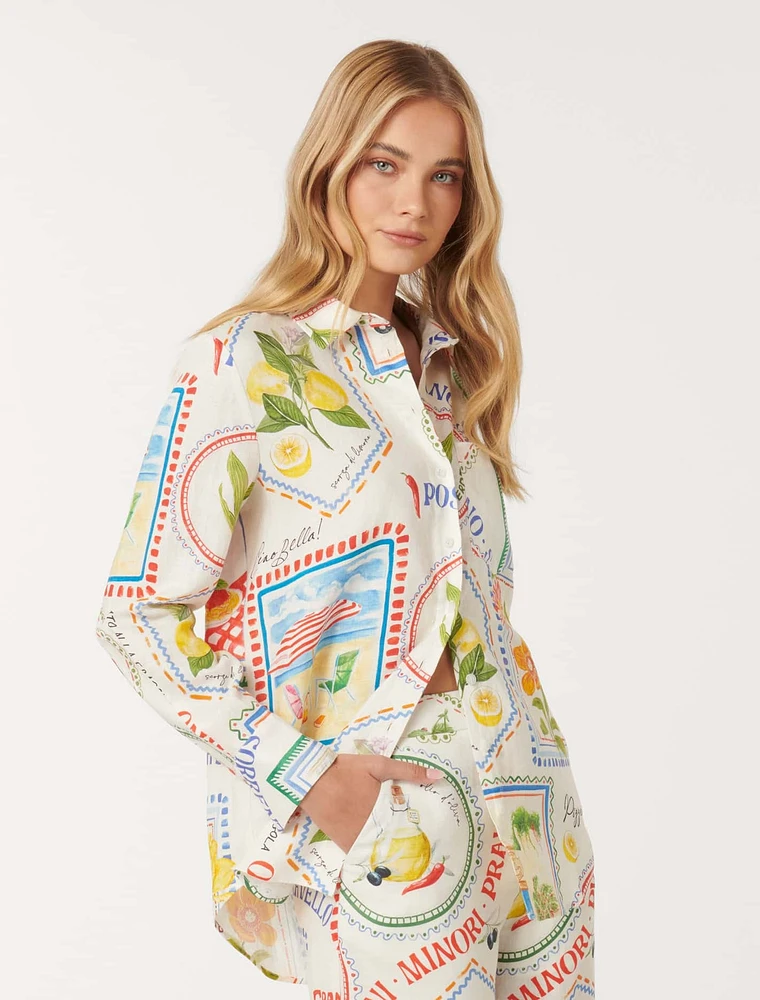 Lydia Oversized Linen Shirt White/Statement Print - 0 to 12 Women's Shirts