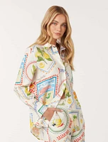 Lydia Oversized Linen Shirt White/Statement Print - 0 to 12 Women's Shirts