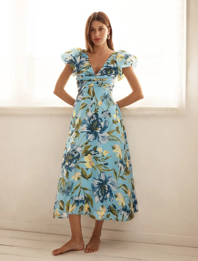June Ruched V-Neck Midi Dress