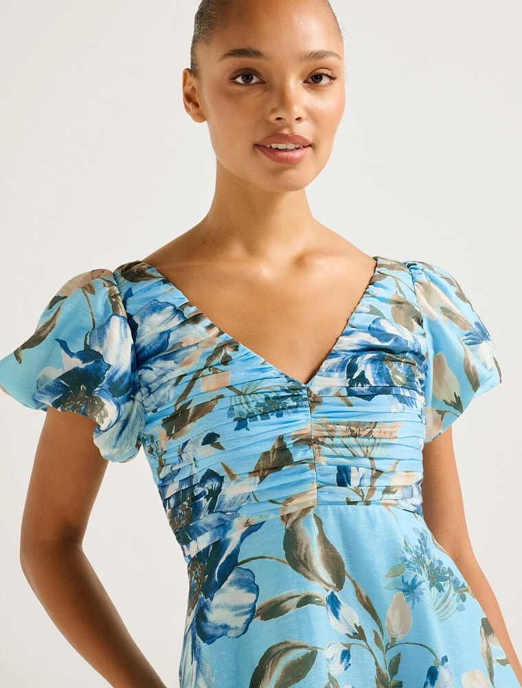 June Ruched V-Neck Midi Dress