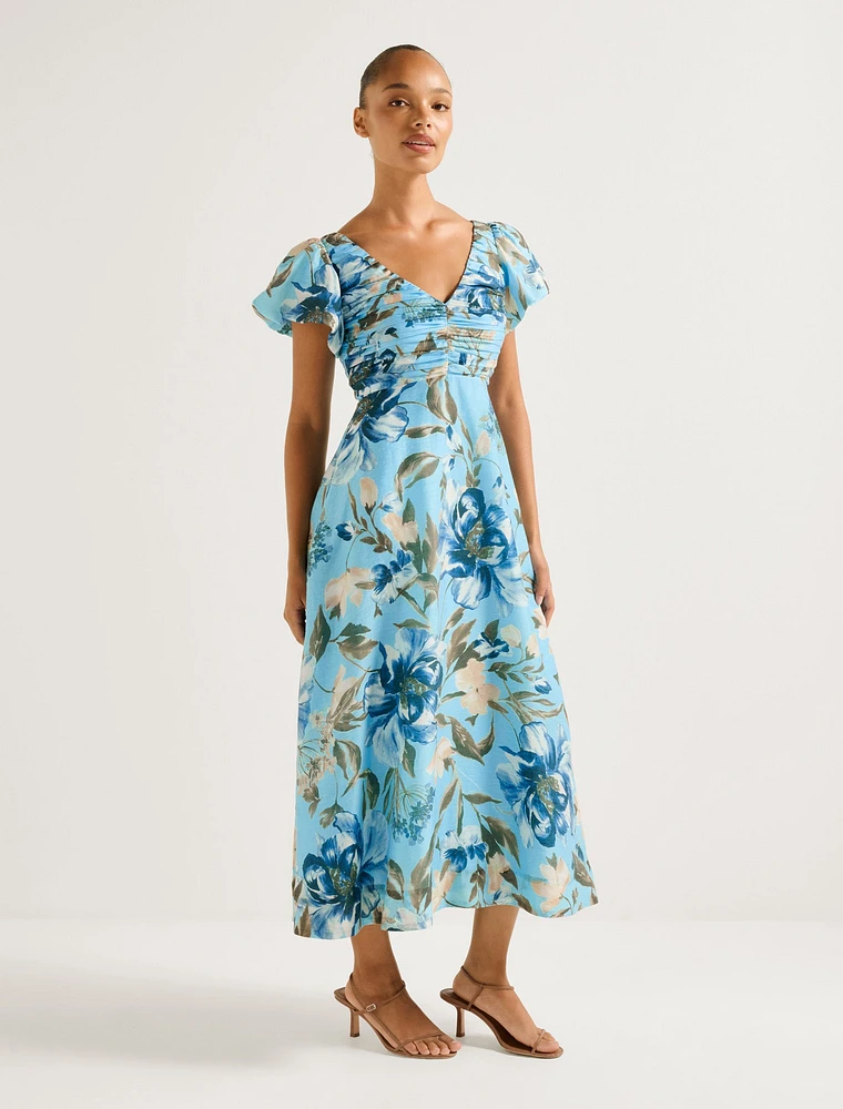 June Ruched V-Neck Midi Dress