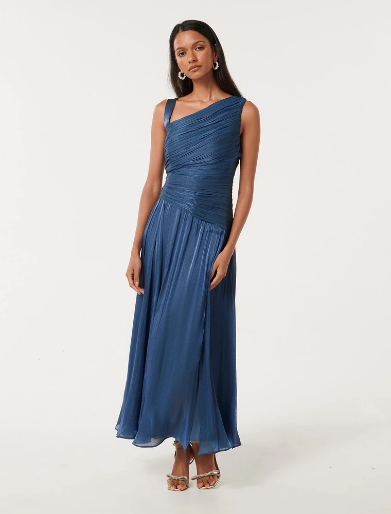 Nya Petite Metallic Asymmetrical Maxi Dress