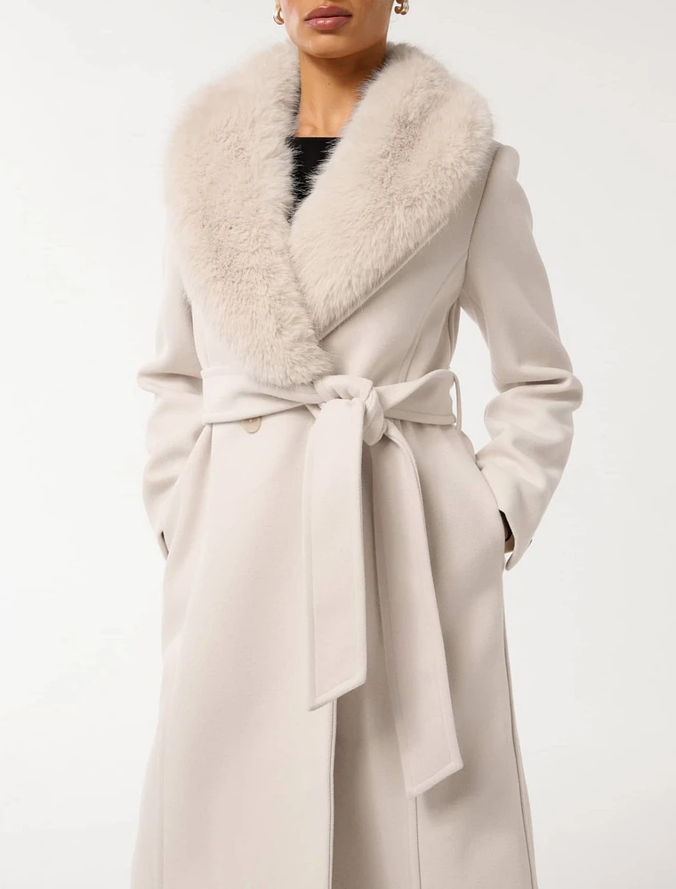 Monica Petite Faux-Fur Collar Wrap Coat