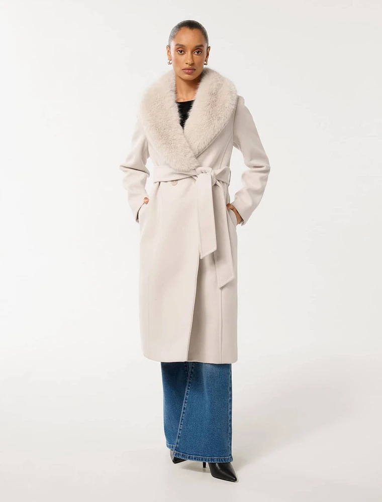 Monica Petite Faux-Fur Collar Wrap Coat