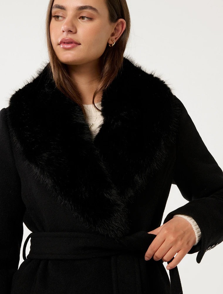 Monica Faux-Fur Collar Wrap Coat