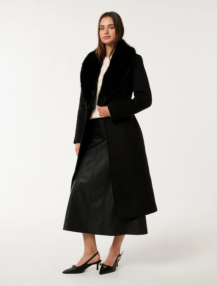 Monica Faux-Fur Collar Wrap Coat