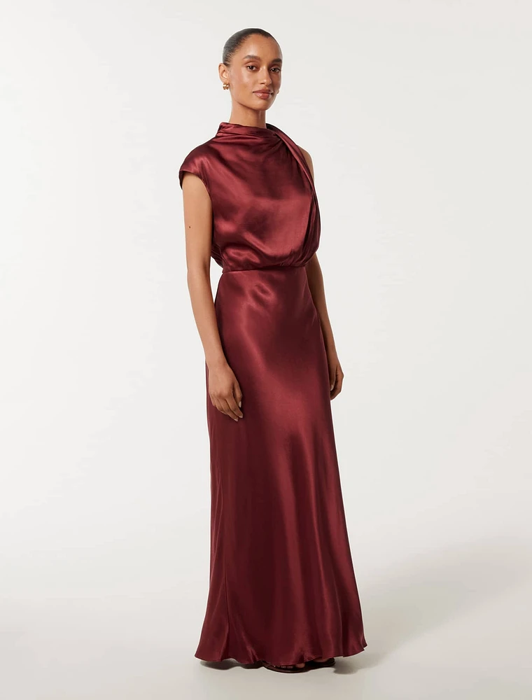 Sienna Petite High Neck Satin Midi