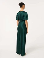 Chelsea Petite Flutter-Sleeve Satin Maxi Dress