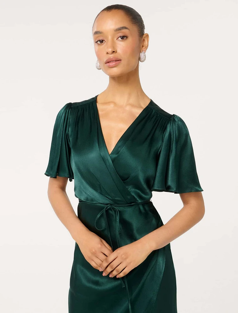 Chelsea Petite Flutter-Sleeve Satin Maxi Dress