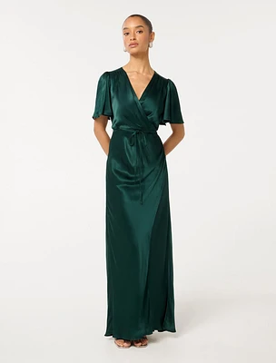 Chelsea Petite Flutter-Sleeve Satin Maxi Dress