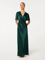 Chelsea Petite Flutter-Sleeve Satin Maxi Dress