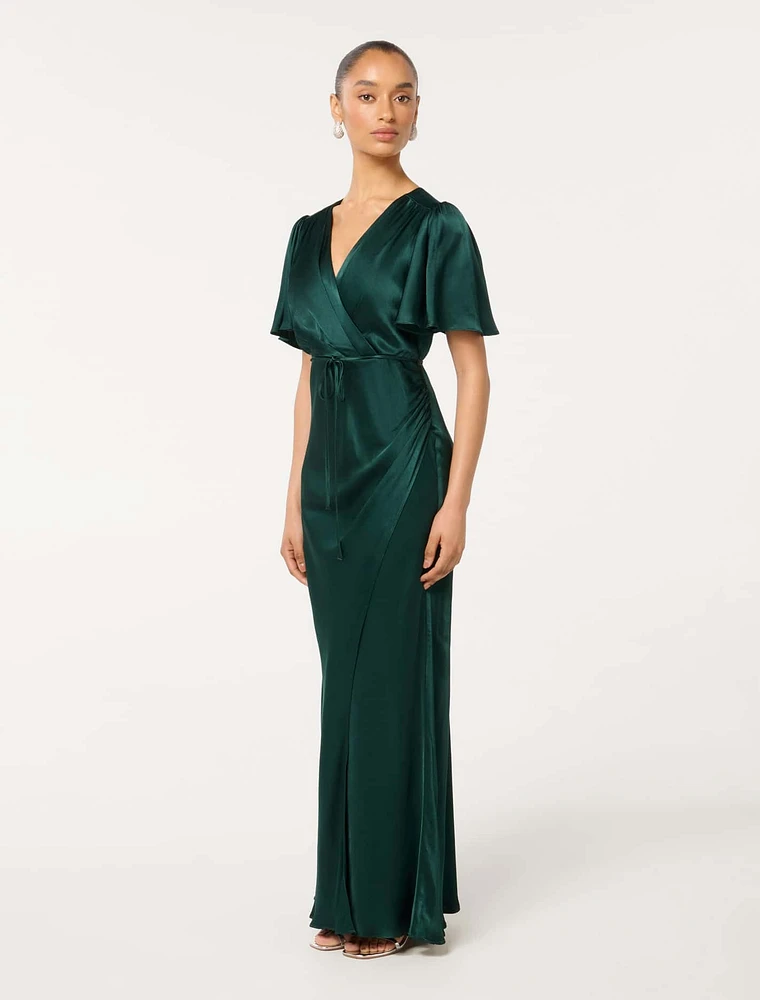 Chelsea Petite Flutter-Sleeve Satin Maxi Dress