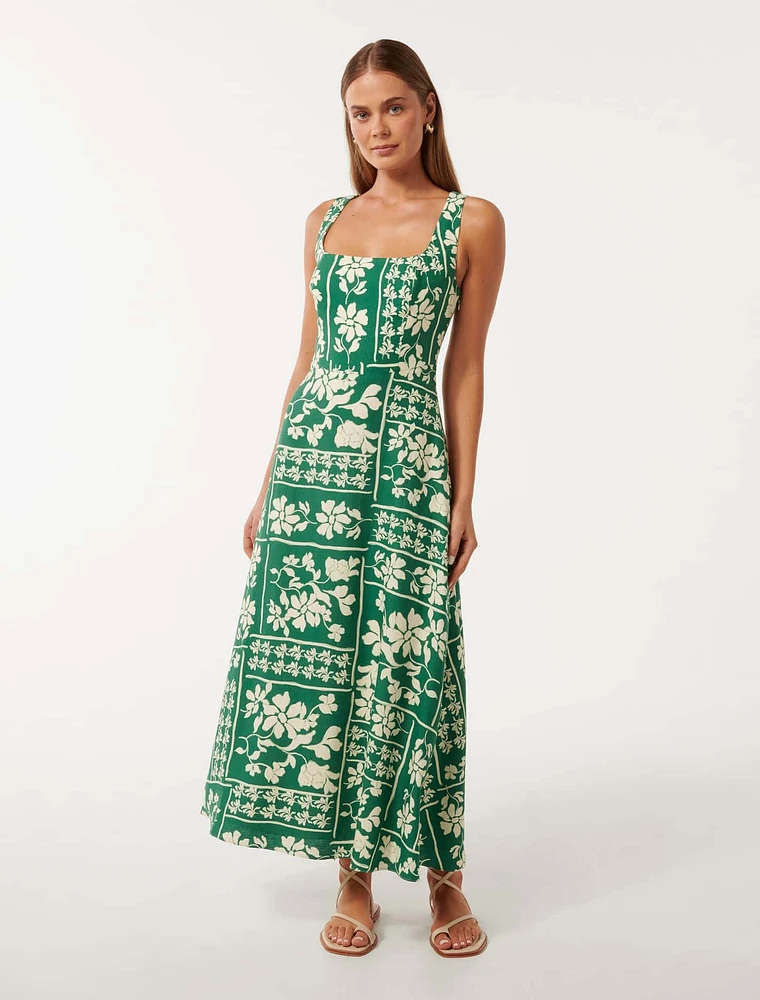 Tori Square-Neck Linen Midi Dress