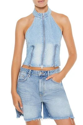 Zippered Denim Halter Crop Top