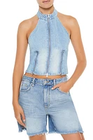 Zippered Denim Halter Crop Top