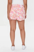 Plus Floral Print Denim Shorts