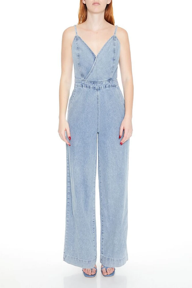 Denim Surplice Wide-Leg Jumpsuit