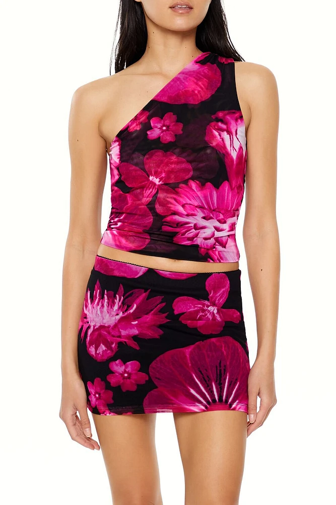 Floral Print One-Shoulder Crop Top